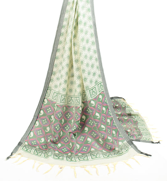 Sushila Vintage Pure Woolen Dupatta Cream Floral Printed Soft Long Stole