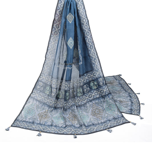 Sushila Vintage Greyish Blue Dupatta Art Cotton Silk Kantha Work Long Stole