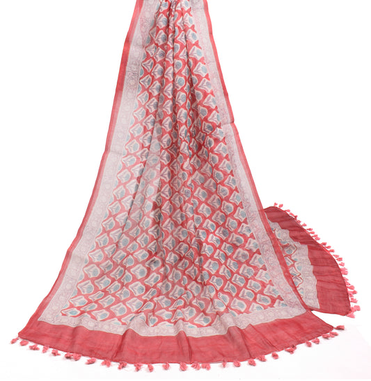 Sushila Vintage Red Floral Dupatta Pure Cotton Silk Hand Block Long Stole