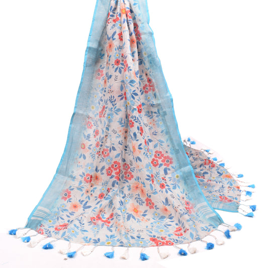 Sushila Vintage White Floral Dupatta Pure Linen Cotton Printed Long Stole