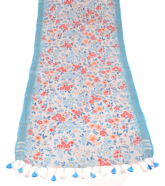 Sushila Vintage White Floral Dupatta Pure Linen Cotton Printed Long Stole