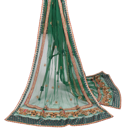 Sushila Vintage Polki Kundan Embroidered Dupatta Green Net Floral Long Stole