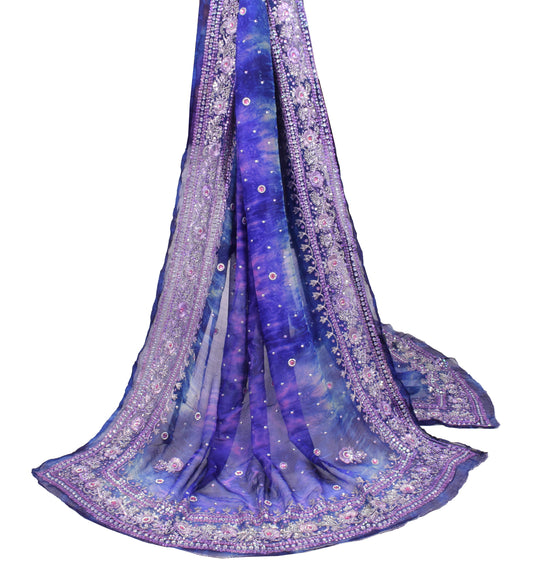 Sushila Vintage Tie-Dye Blue Dupatta Pure Chiffon Hand Beaded Long Stole