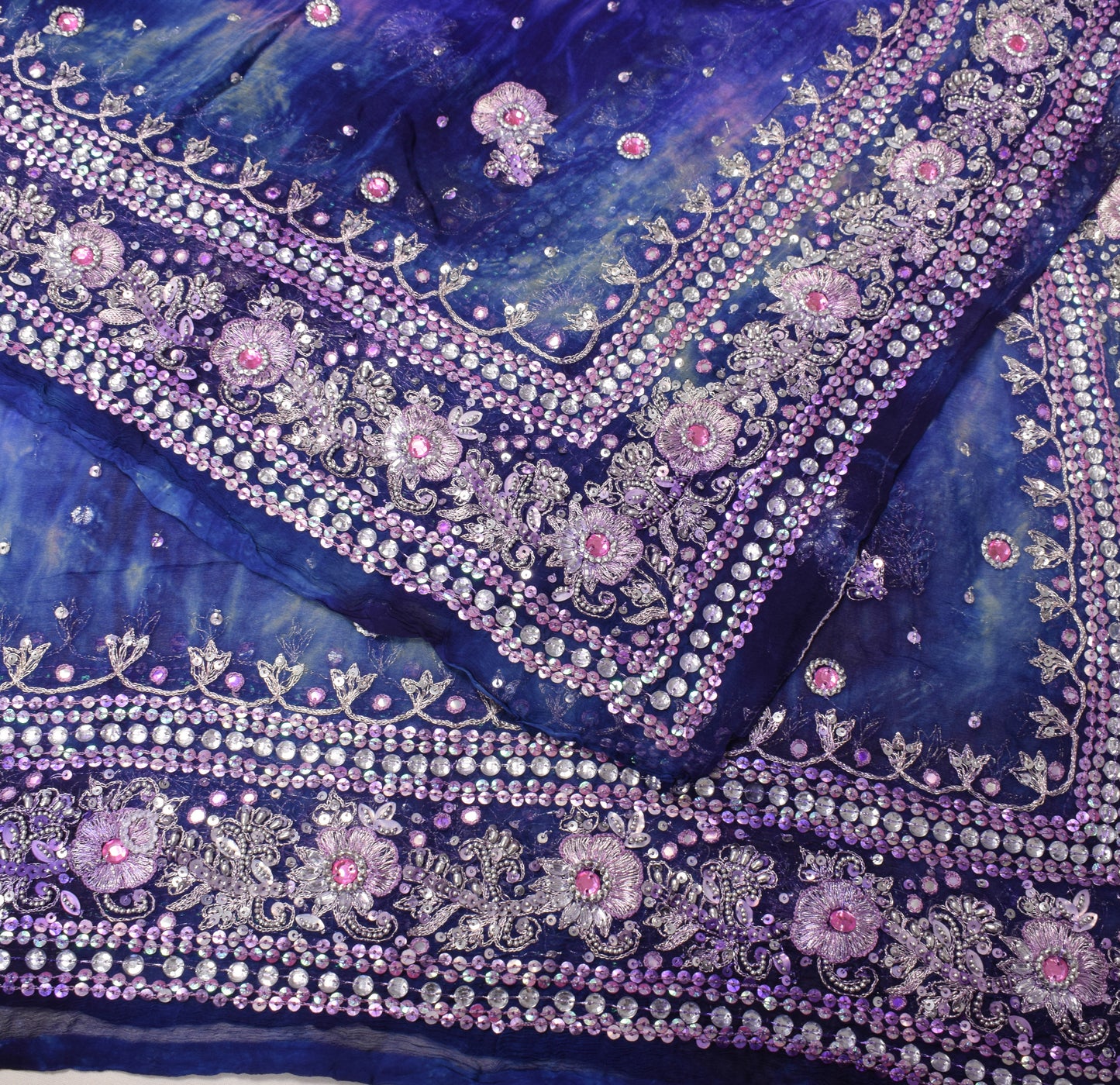 Sushila Vintage Tie-Dye Blue Dupatta Pure Chiffon Hand Beaded Long Stole