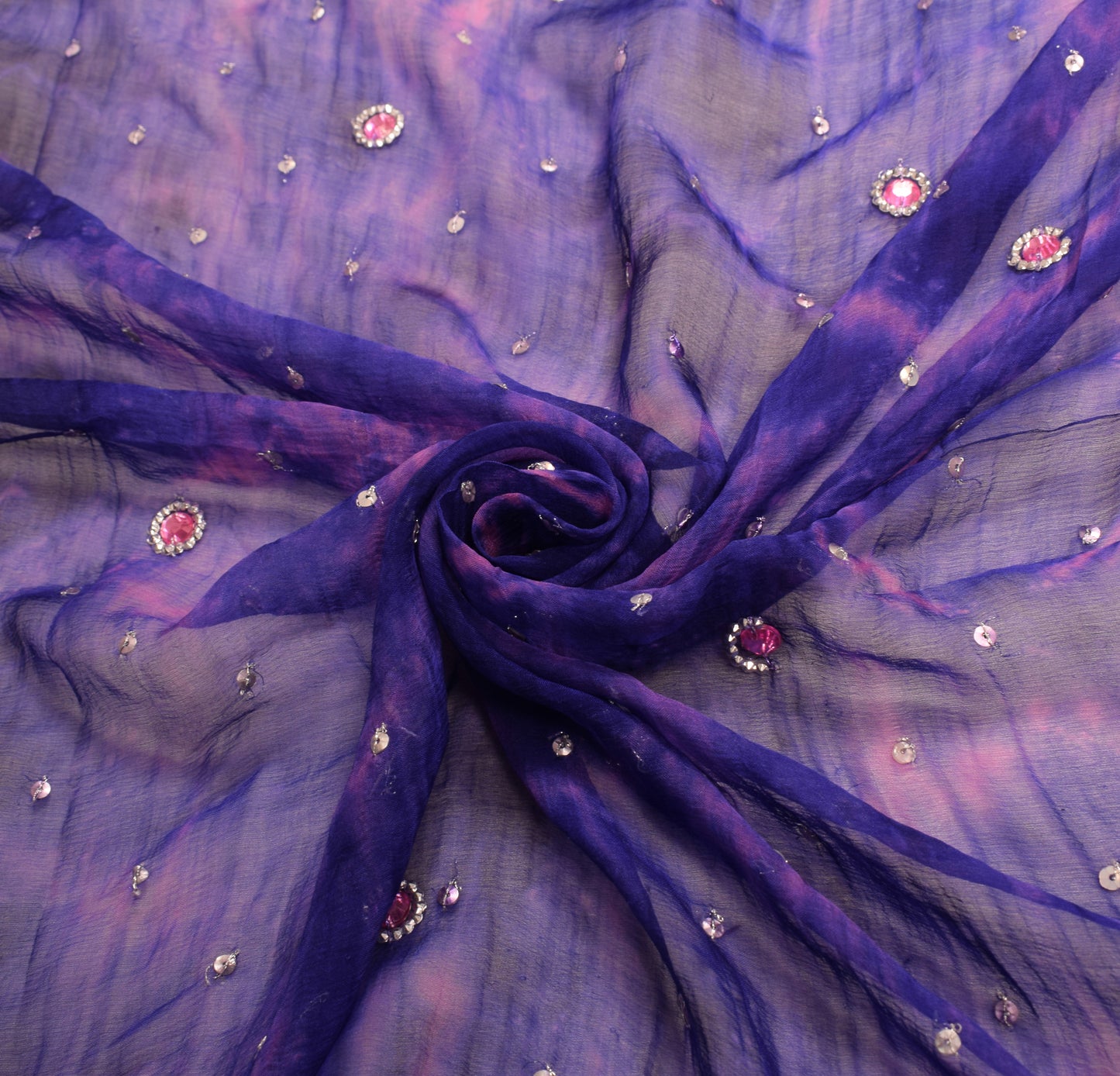 Sushila Vintage Tie-Dye Blue Dupatta Pure Chiffon Hand Beaded Long Stole
