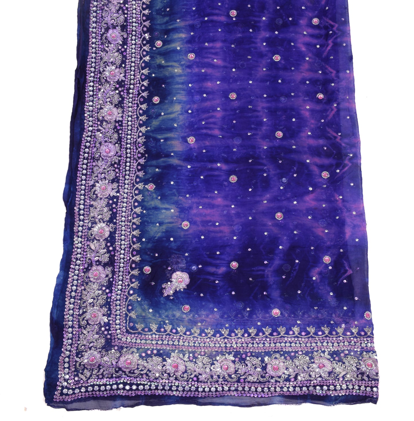 Sushila Vintage Tie-Dye Blue Dupatta Pure Chiffon Hand Beaded Long Stole