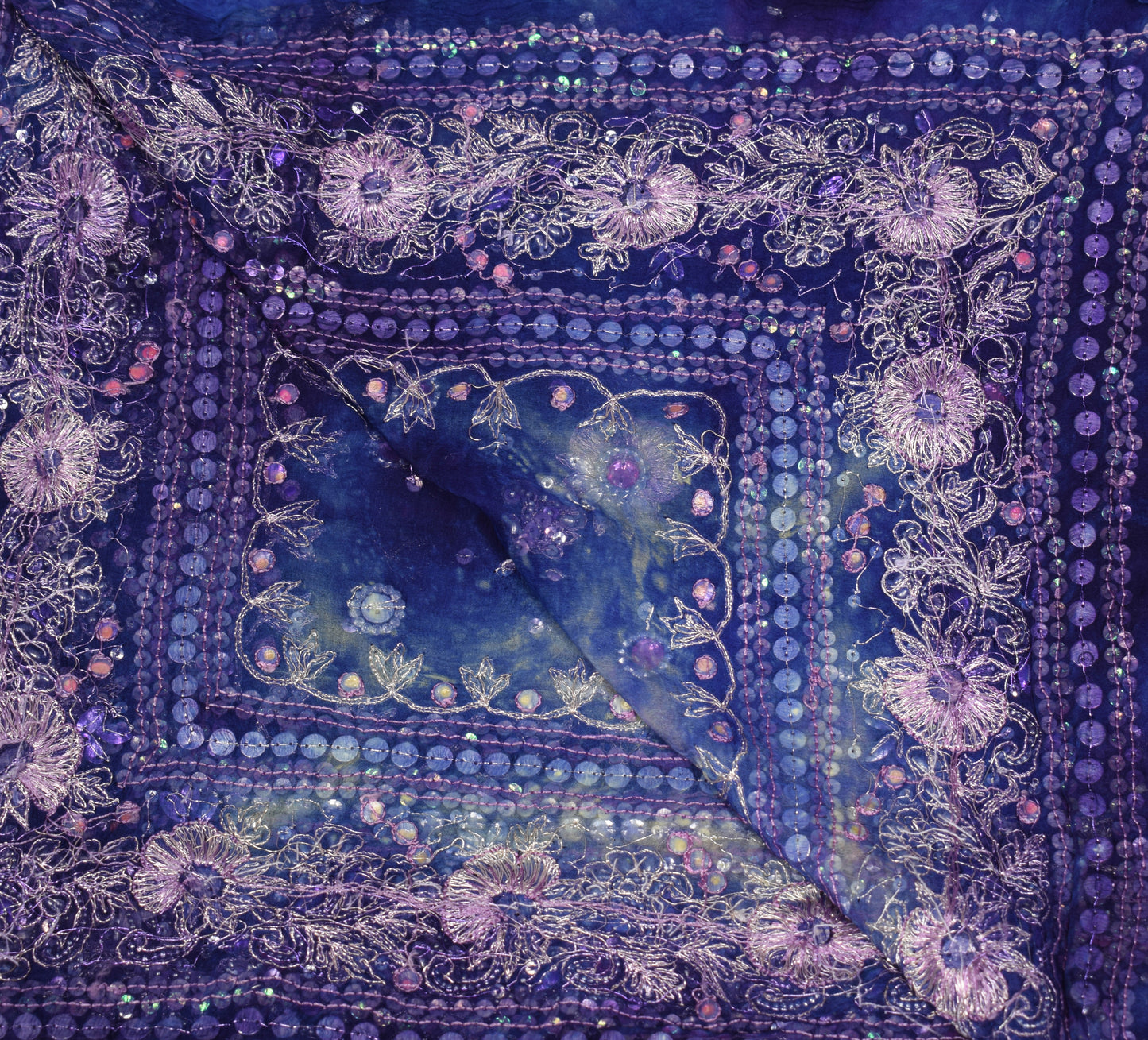 Sushila Vintage Tie-Dye Blue Dupatta Pure Chiffon Hand Beaded Long Stole