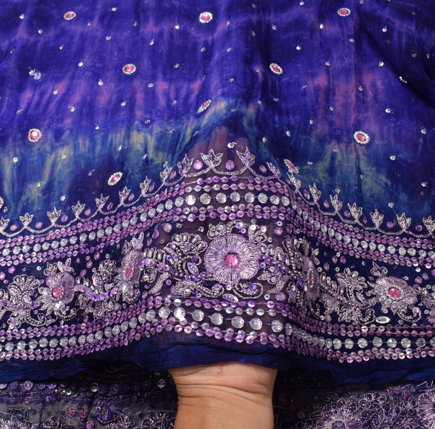 Sushila Vintage Tie-Dye Blue Dupatta Pure Chiffon Hand Beaded Long Stole