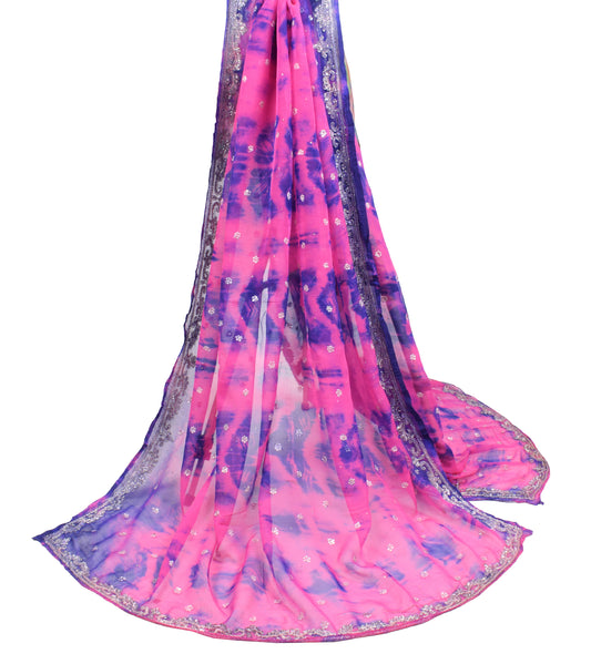 Sushila Vintage Tie-Dye Magenta Dupatta Pure Chiffon Glass Beads Embellish Long Stole