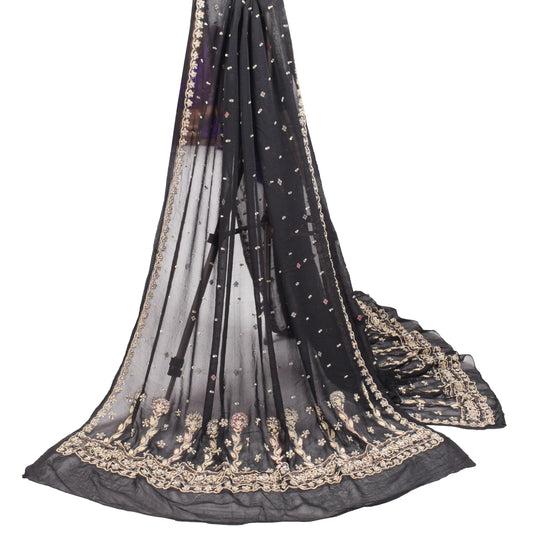 Sushila Vintage Black Dupatta Pure Georgette Zardozi Work Floral Long Stole