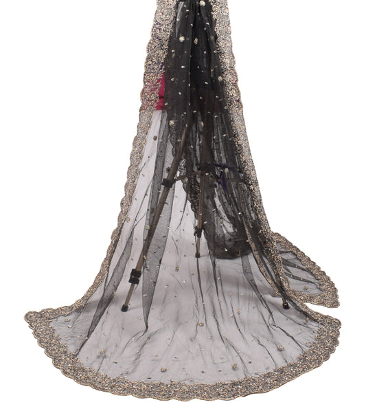 Sushila Vintage Black Net Mesh Dupatta Zardozi Work Cutwork Long Stole