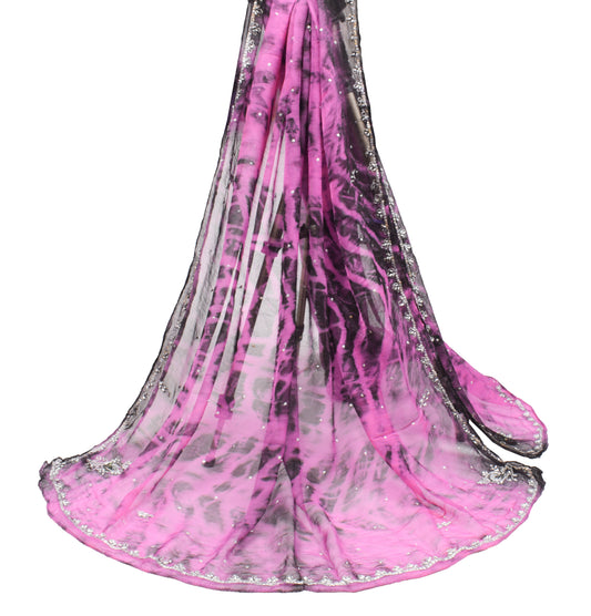 Sushila Vintage Pink Black Tie-Dye Dupatta Pure Chiffon Beads Embellish Long Stole