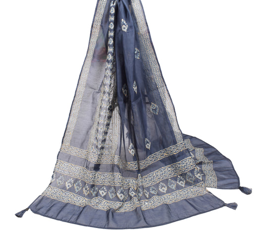 Sushila Vintage Dark Gray Dupatta Art Cotton Silk Kantha Work Long Stole