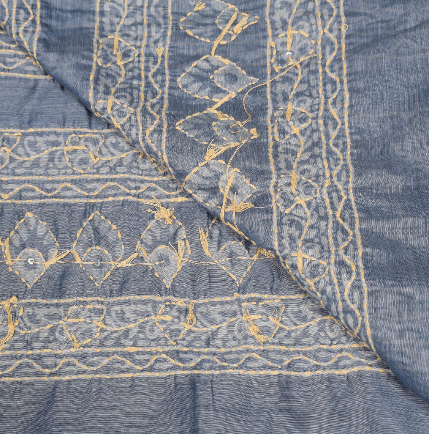 Sushila Vintage Dark Gray Dupatta Art Cotton Silk Kantha Work Long Stole