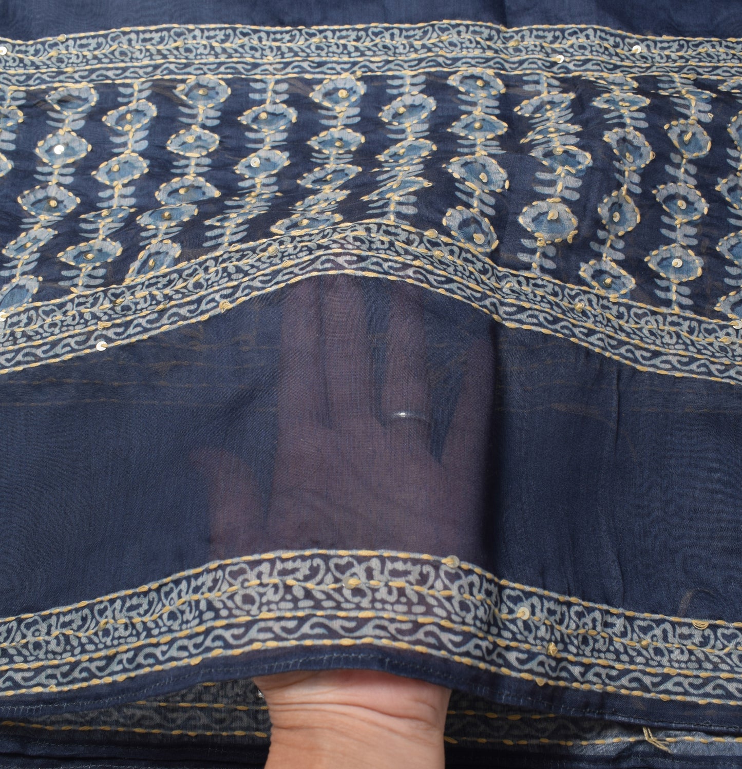 Sushila Vintage Dark Gray Dupatta Art Cotton Silk Kantha Work Long Stole