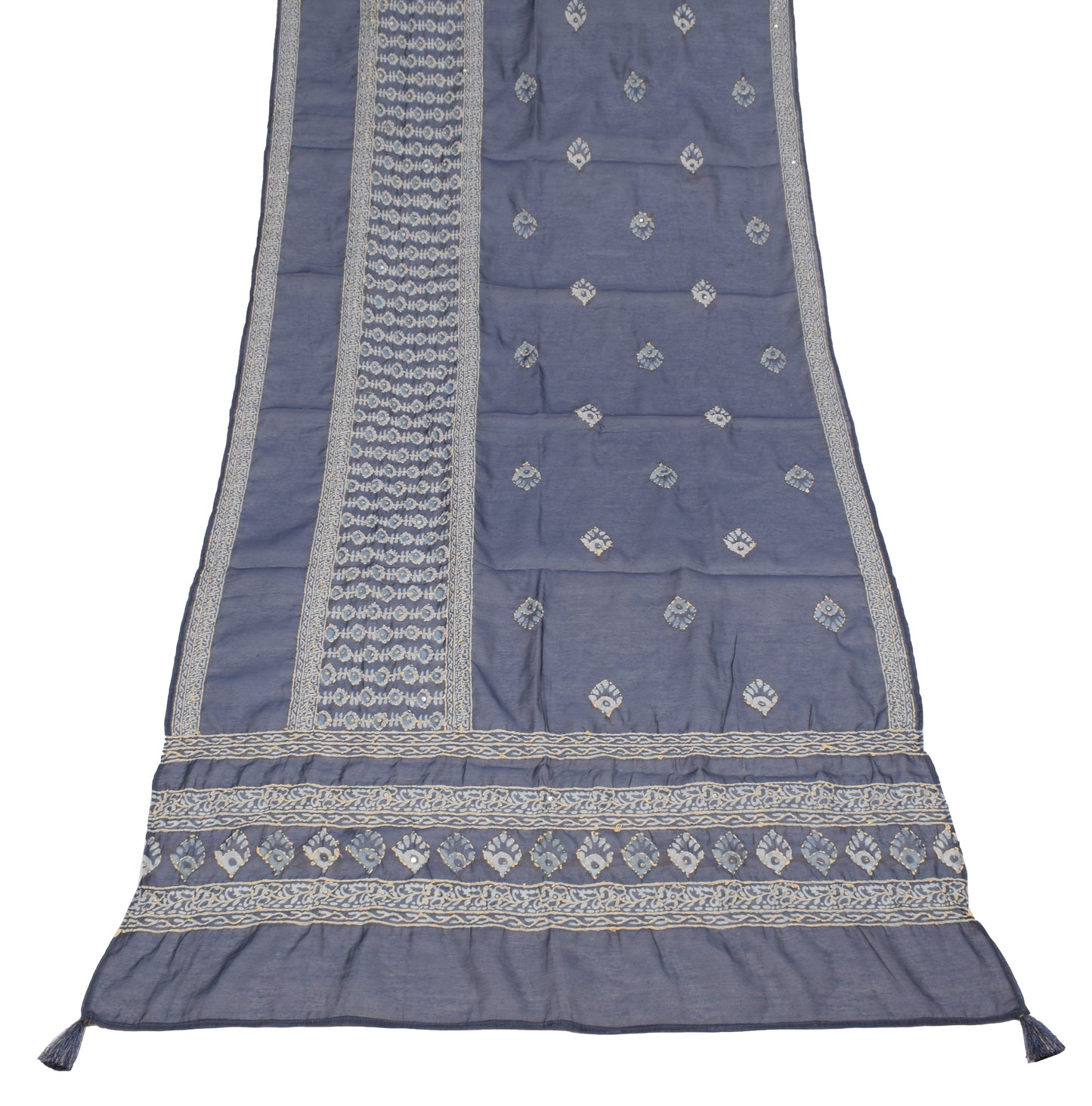 Sushila Vintage Dark Gray Dupatta Art Cotton Silk Kantha Work Long Stole
