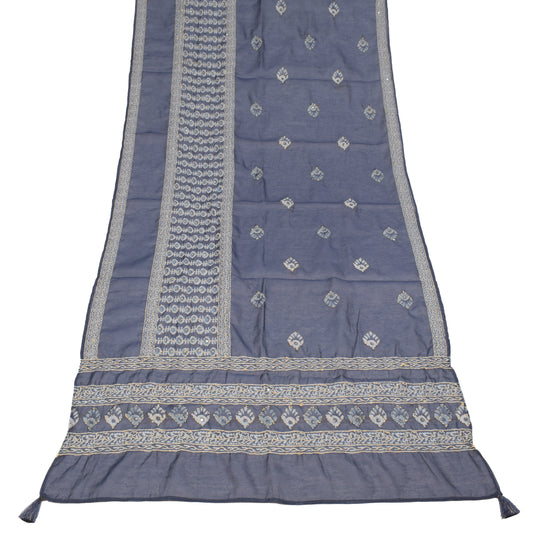 Sushila Vintage Dark Gray Dupatta Art Cotton Silk Kantha Work Long Stole