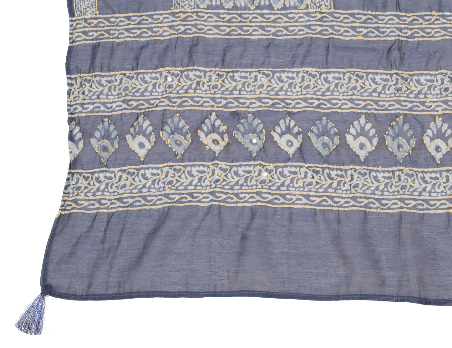 Sushila Vintage Dark Gray Dupatta Art Cotton Silk Kantha Work Long Stole