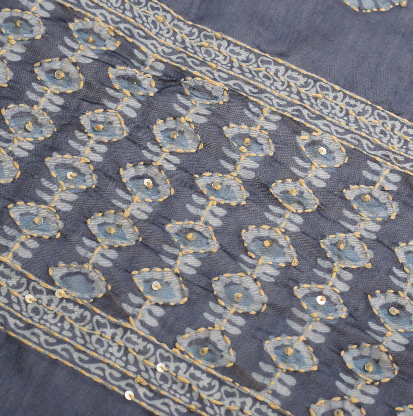 Sushila Vintage Dark Gray Dupatta Art Cotton Silk Kantha Work Long Stole