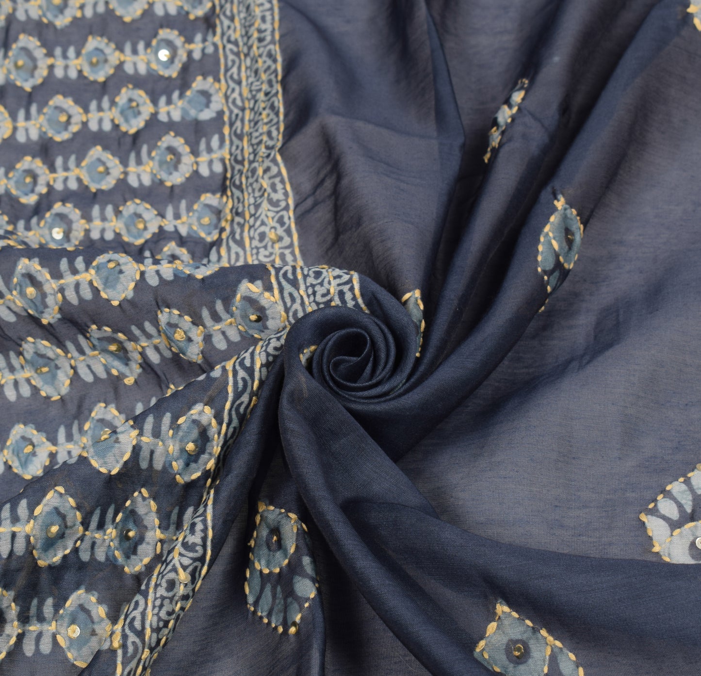 Sushila Vintage Dark Gray Dupatta Art Cotton Silk Kantha Work Long Stole
