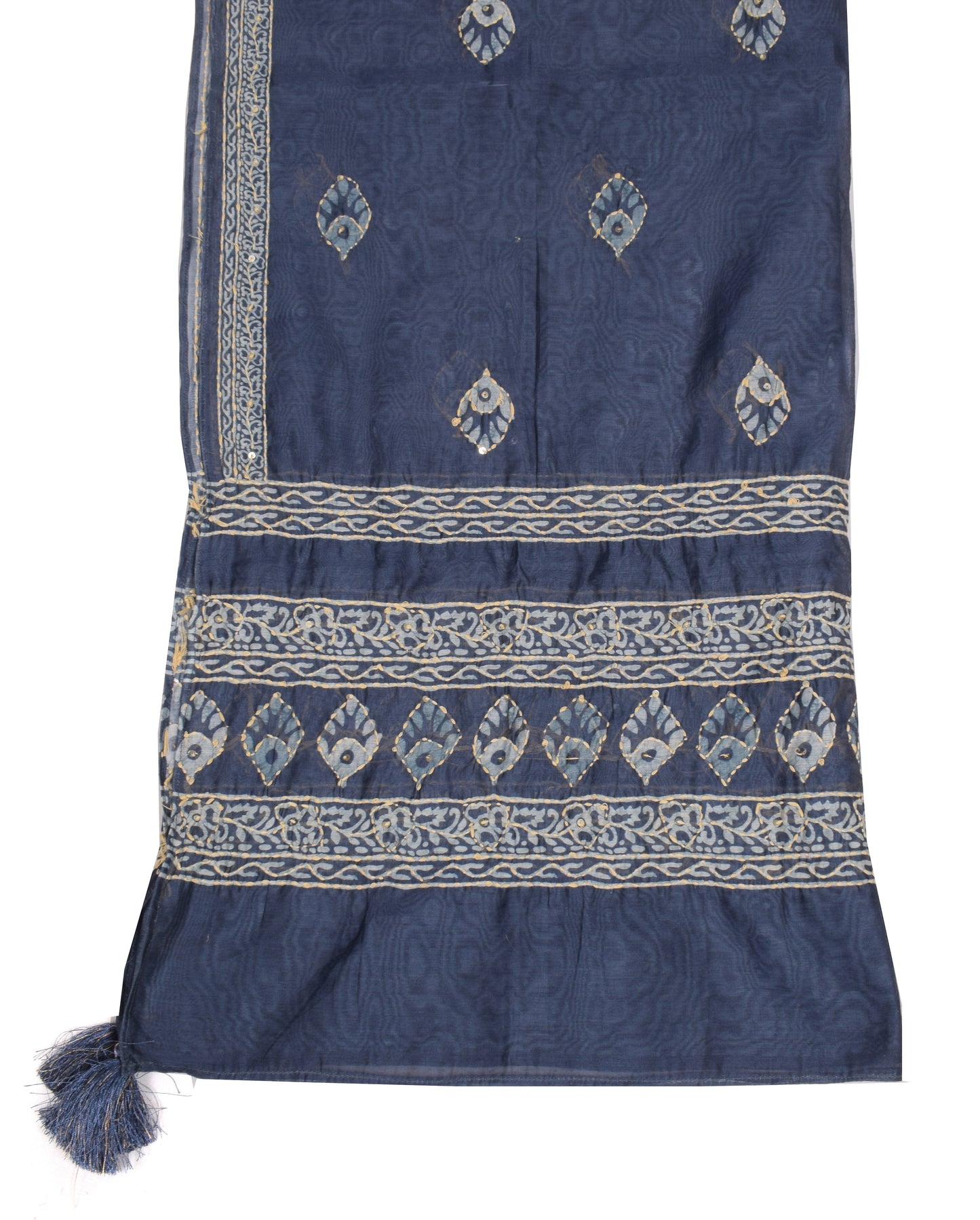 Sushila Vintage Dark Gray Dupatta Art Cotton Silk Kantha Work Long Stole