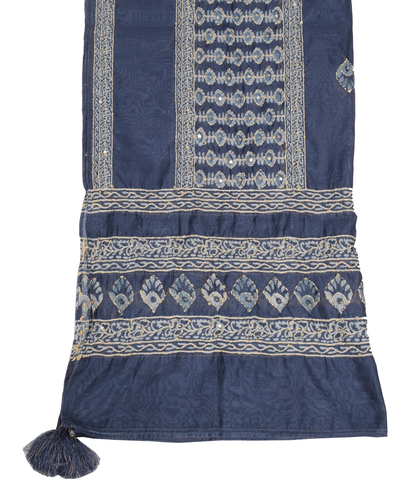 Sushila Vintage Dark Gray Dupatta Art Cotton Silk Kantha Work Long Stole