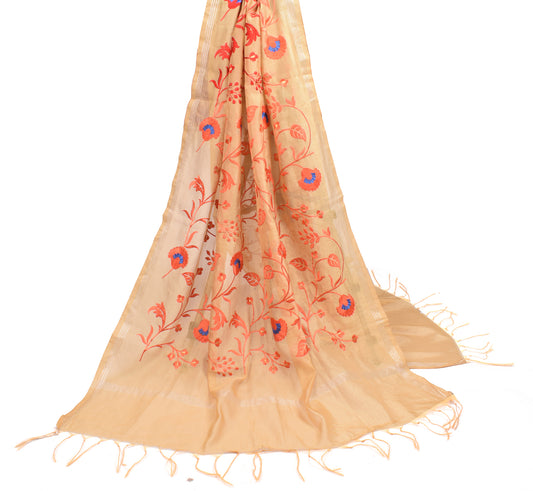 Sushila Vintage Beige Dupatta Floral Embroidered Art Silk Long Stole