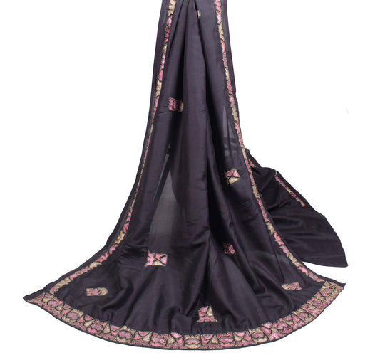 Sushila Vintage Black Pure Silk Dupatta Glass Beads Embellish Long Stole Hijab