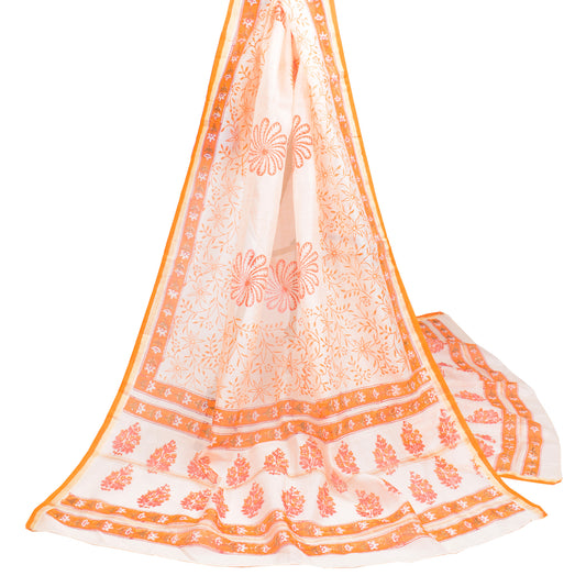 Sushila Vintage White Floral Dupatta Hand Block Pure Cotton Silk Long Stole
