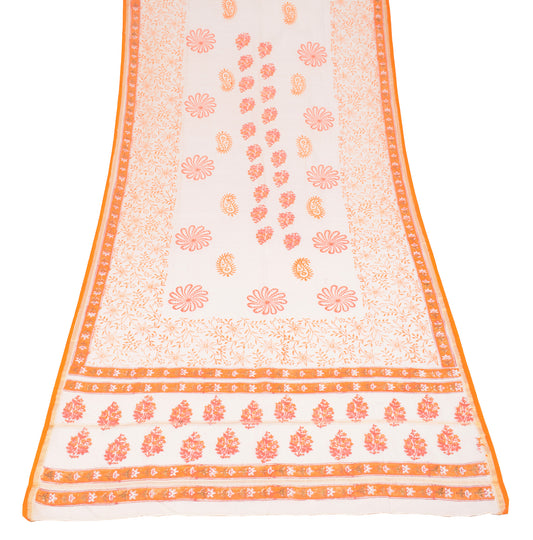 Sushila Vintage White Floral Dupatta Hand Block Pure Cotton Silk Long Stole
