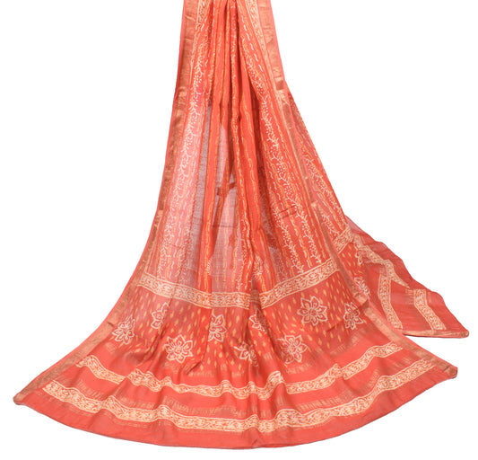 Sushila Vintage Orange Hand Block Dupatta Pure Cotton Silk Soft Long Stole