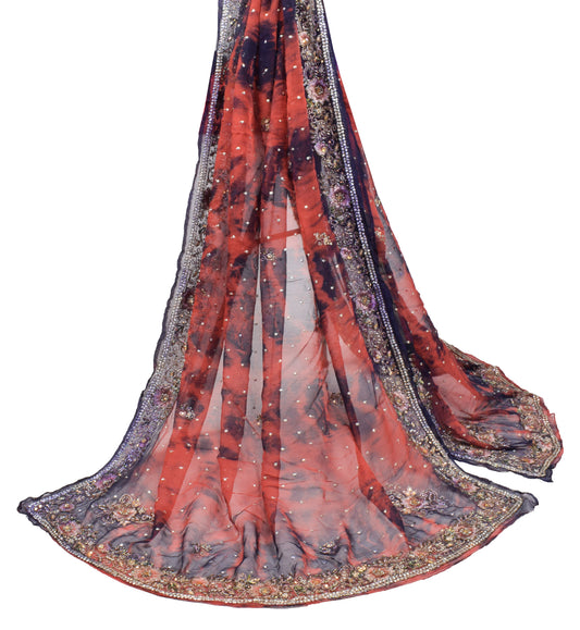 Sushila Vintage Tie-Dye Rust Dupatta Pure Chiffon Hand Beaded Long Stole