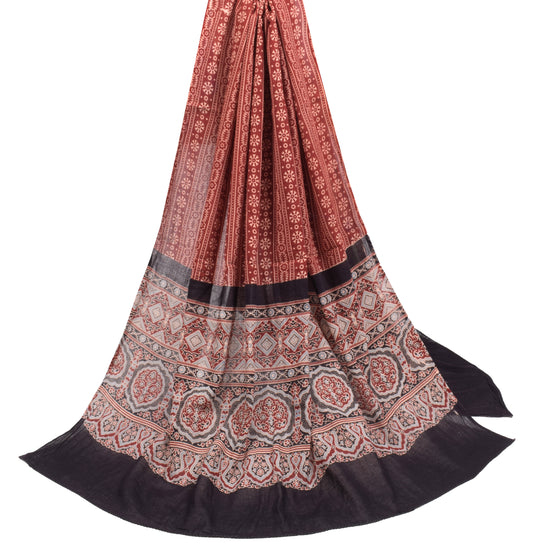 Sushila Vintage Maroon Black Dupatta Pure Cotton Ajrakh Print Long Stole
