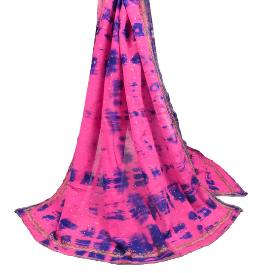 Sushila Vintage Tie-Dye Magenta Dupatta Pure Chiffon Hand Embroidered Long Stole