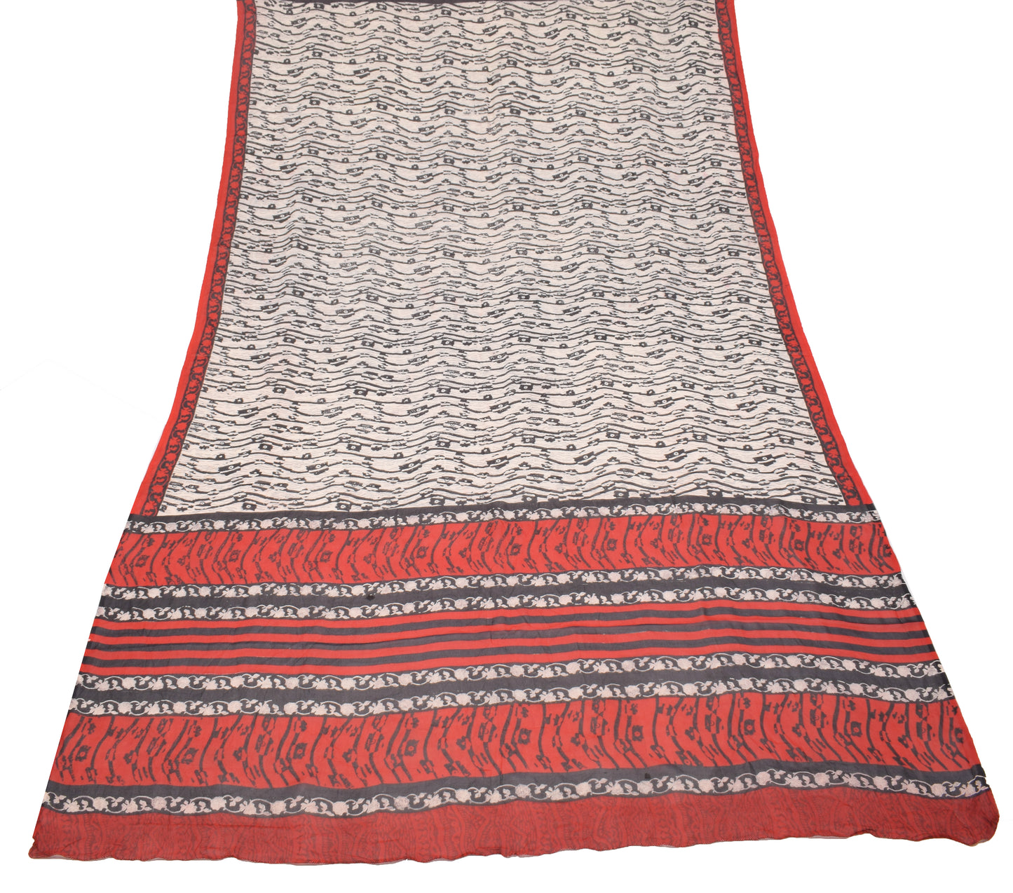 Sushila Vintage Off White Dupatta Pure Georgette Hand Block Print Long Stole