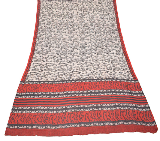 Sushila Vintage Off White Dupatta Pure Georgette Hand Block Print Long Stole