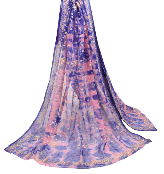 Sushila Vintage Pink Blue Zardozi Work Dupatta Tie-Dye Pure Chiffon Long Stole
