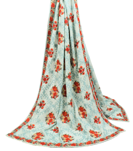 Sushila Vintage Light Aqua Dupatta Pure Chiffon Floral Embroidered Long Stole