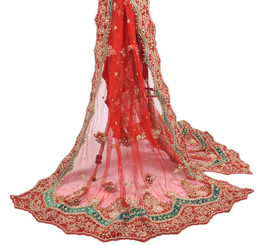 Sushila Vintage Red Heavy Dupatta with Velvet Border Zardozi Net Long Stole