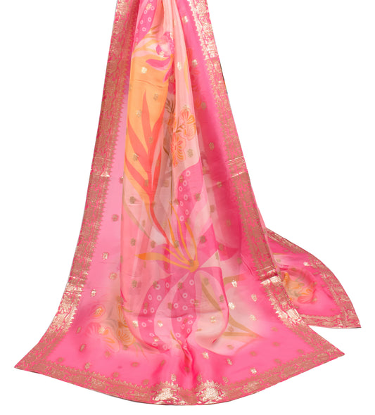 Sushila Vintage Pink Floral Printed Dupatta Pure Silk Zari Woven Long Stole
