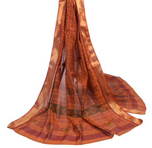 Sushila Vintage Rust Printed Dupatta Pure Cotton Silk Zari Woven Long Stole