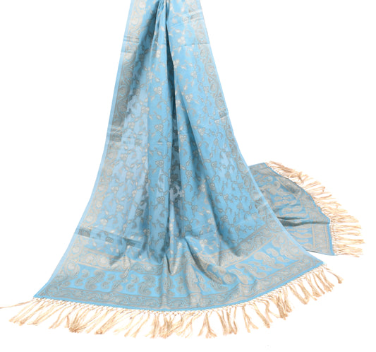 Sushila Vintage Aqua Blue Dupatta Art Cotton Silk Resham Woven Floral Long Stole