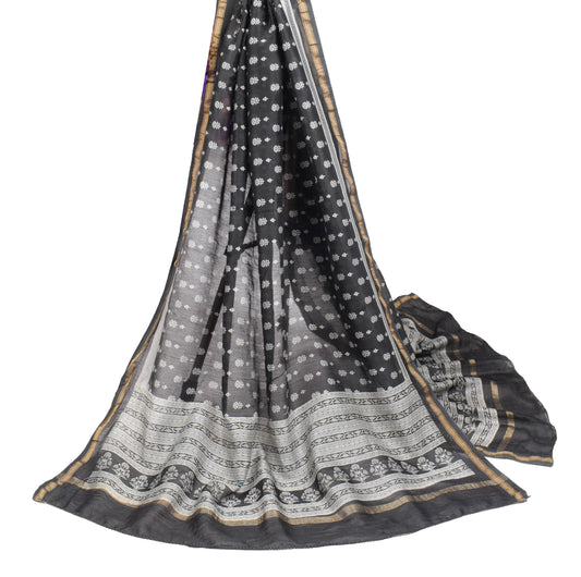 Sushila Vintage Floral Black Dupatta Pure Cotton Silk Hand Block Long Stole