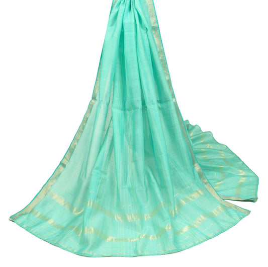 Sushila Vintage Aqua Green Dupatta Pure Cotton Zari Woven Stripes Long Stole