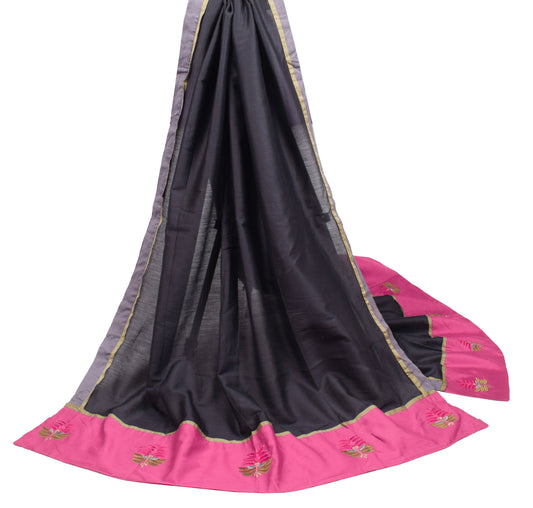 Sushila Vintage Pure Cotton Silk Dupatta Patch Work Black Long Stole