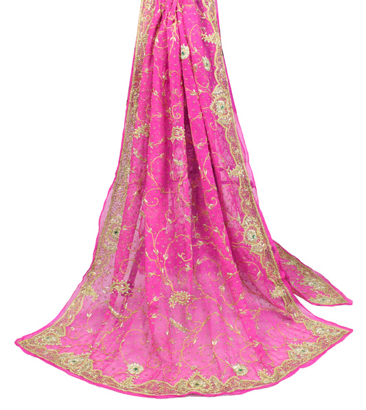 Sushila Vintage Fuchsia Pink Heavy Dupatta Pure Chiffon Zardozi Long Stole