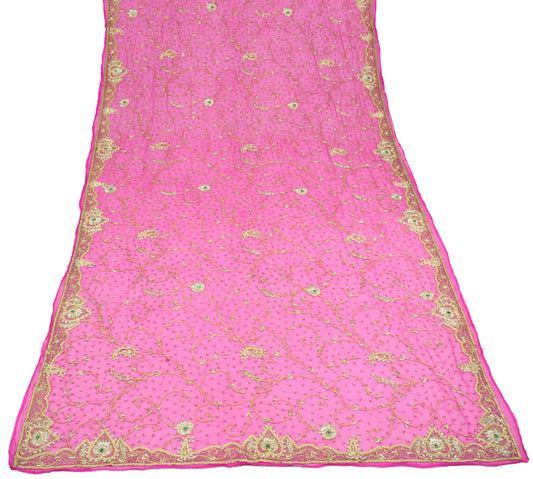 Sushila Vintage Fuchsia Pink Heavy Dupatta Pure Chiffon Zardozi Long Stole