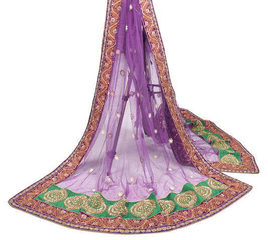 Sushila Vintage Purple Net Heavy Dupatta Pearls & Polki Kundan Work Long Stole