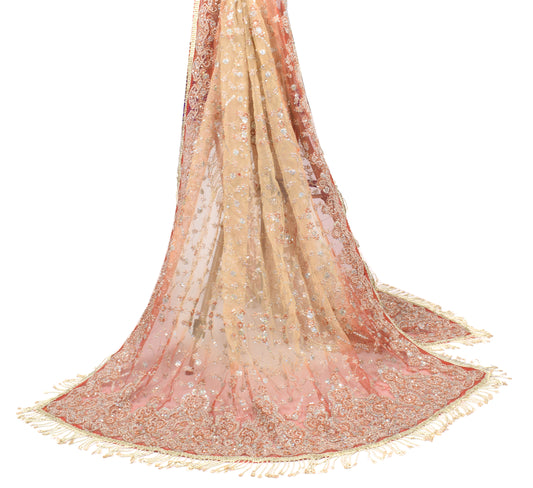 Sushila Vintage Beige Net Heavy Dupatta Hand Beaded Zardozi Long Stole