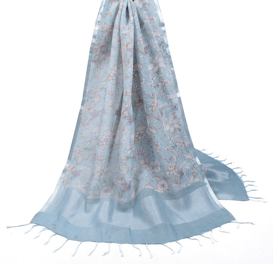Sushila Vintage Pure Linen Cotton Dupatta Digital Printed Floral Gray Long Stole